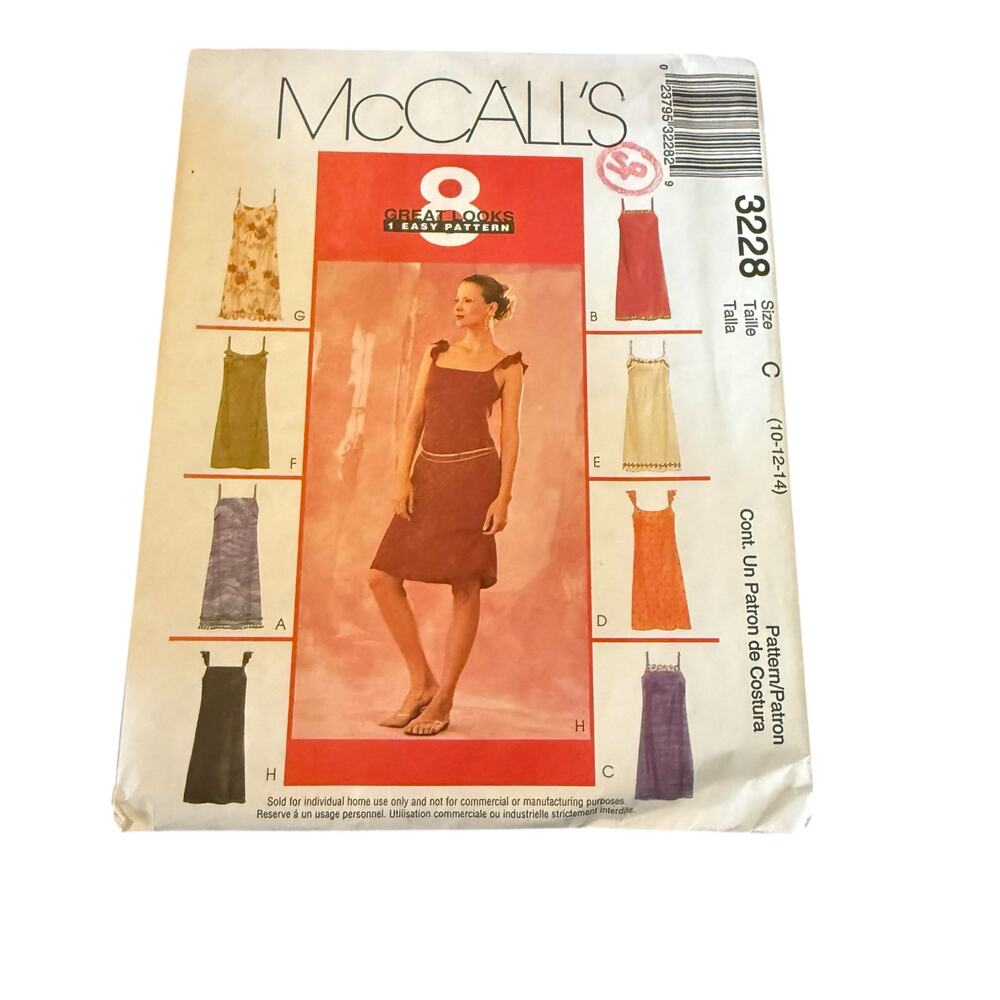 McCall's 3228 Sewing Pattern 10 12 14 Y2K Sundress 8 Great Looks Easy Slip Dress
